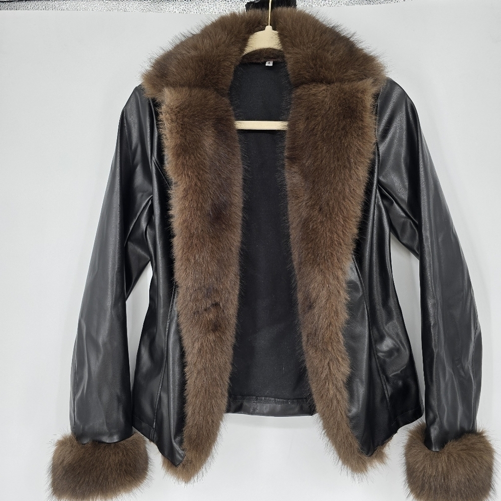Chic Mood Brown Fur Cardigan faux leather jacket black brown small - Picture 2 of 9